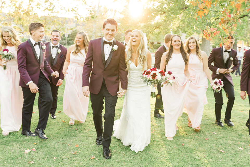 Autumn-inspired-wedding-at-coto-valley-country-club-bride-and-groom-with-wedding-party-walking
