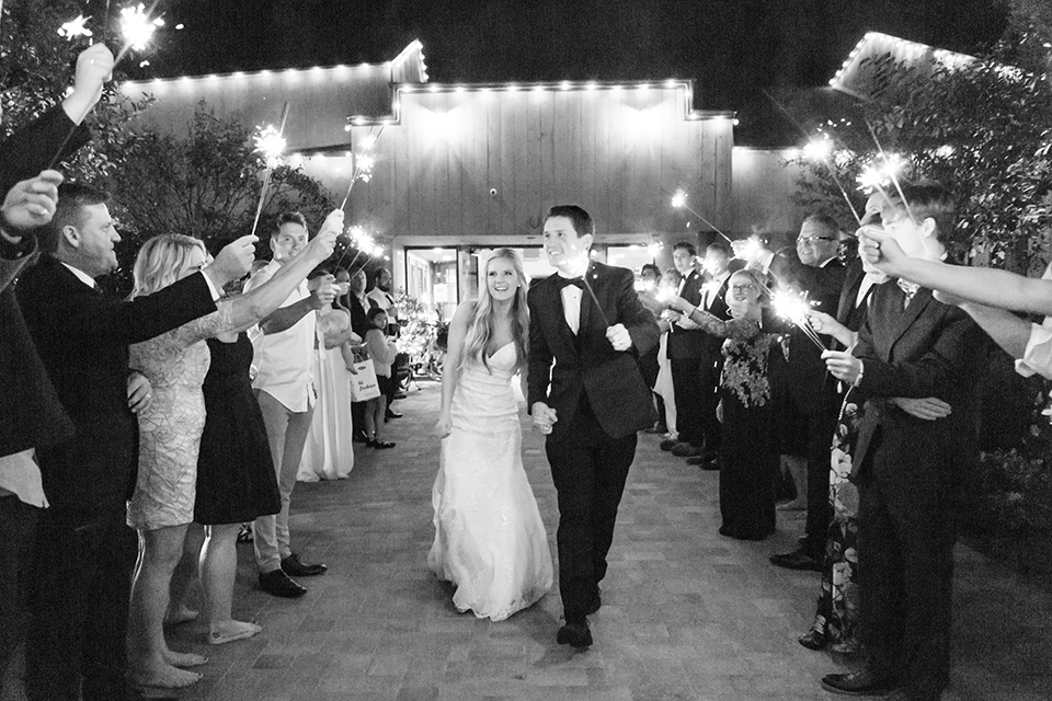 Autumn-inspired-wedding-at-coto-valley-country-club-reception-sparkler-exit-black-and-white-photo