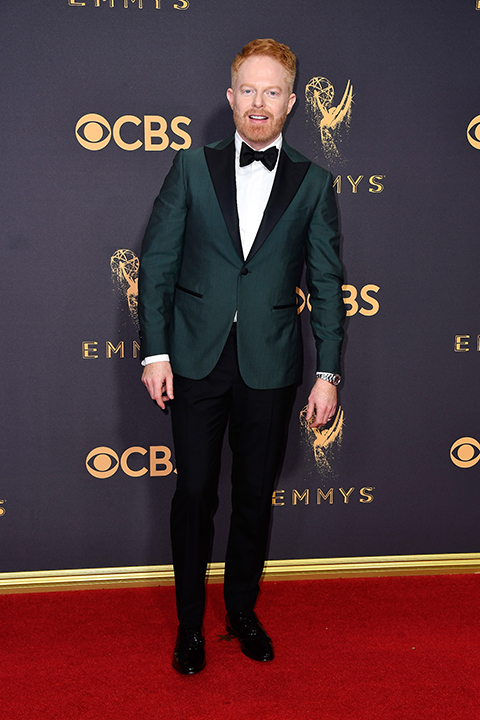 2017-emmys-green-tuxedo-coat-with-black-bow-tie-and-black-pants