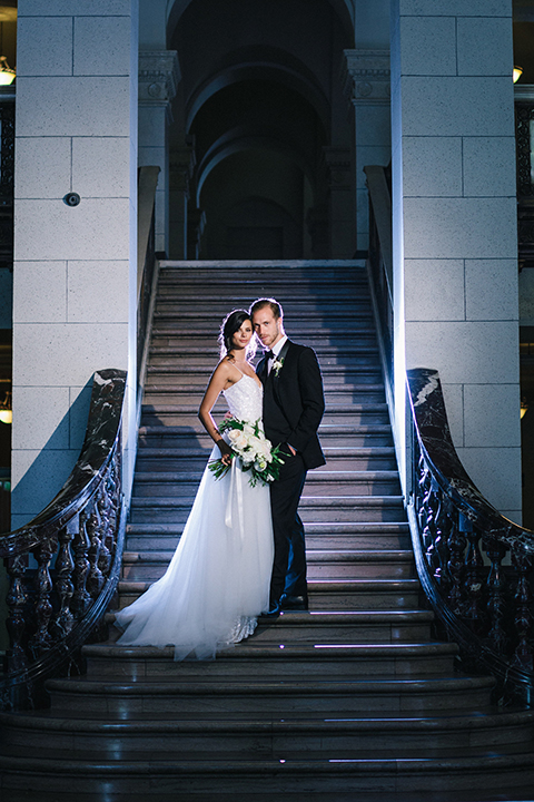 Los-angeles-wedding-at-the-majestic-bride-and-groom-standing-on-stairs