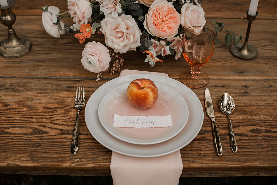 Texas-peaches-and-cream-wedding-shoot-at-carola-horse-ranch-table-set-up-with-place-setting