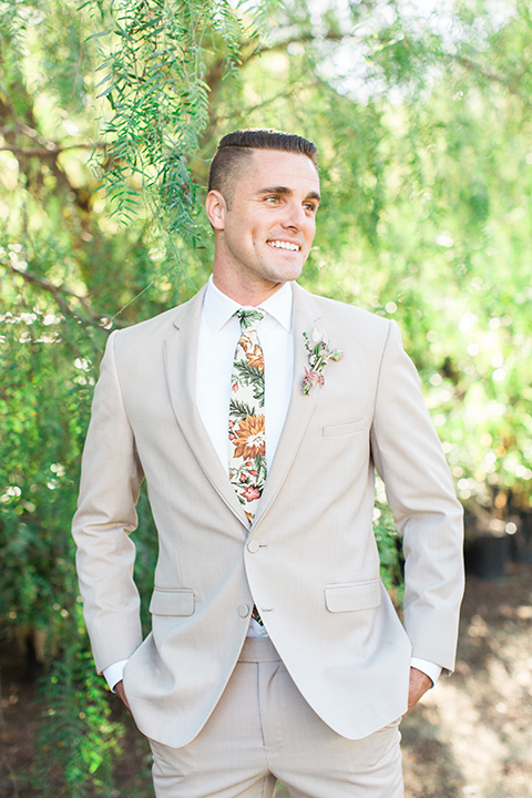 Los-angeles-garden-wedding-at-retreat-malibu-groom-tan-suit-with-floral-tie