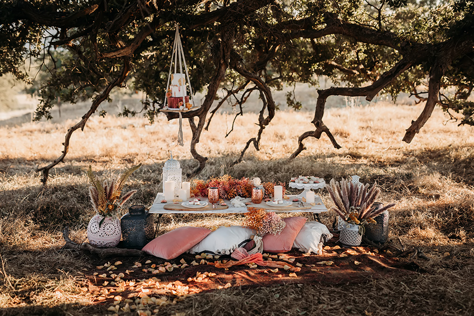  boho style wedding design with pink and white pillows and carpets with a picnic style set up