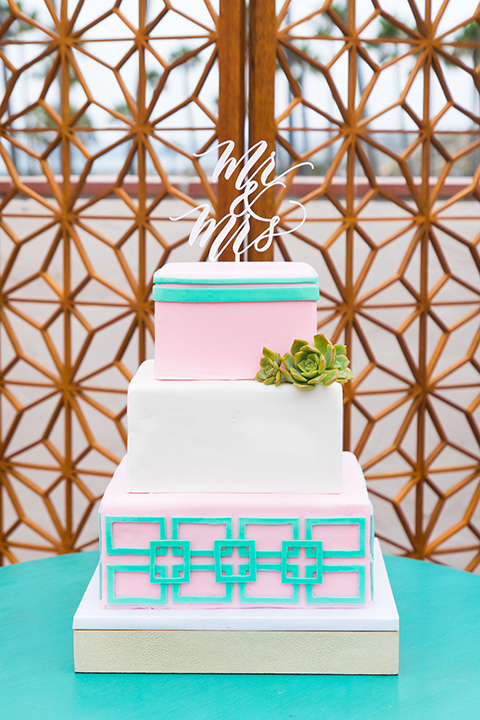Ole-Hanson-Beach-Club-cake-in-a-geometric-style-with-pink-white-and-teal-decor