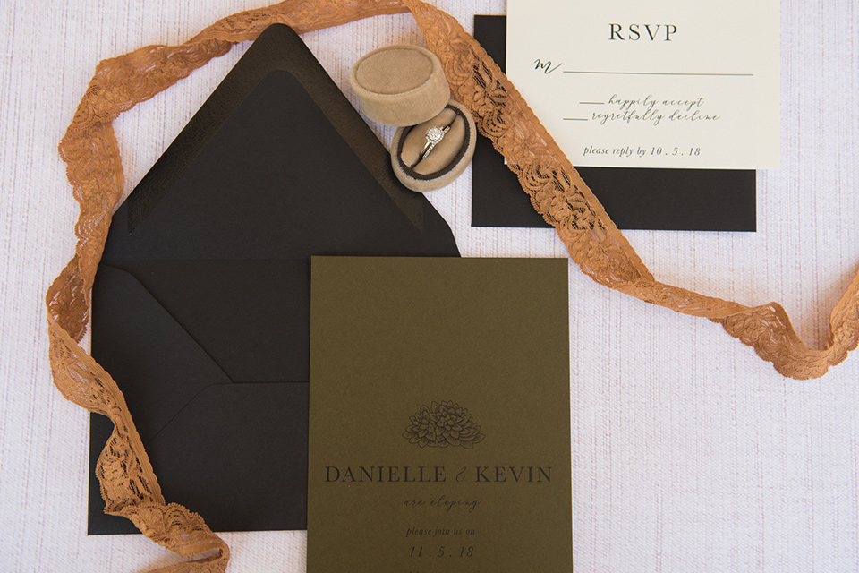 Moonflower-Ranch-Shoot-invitations-with=black-envelopes-and-olive-green-invitations