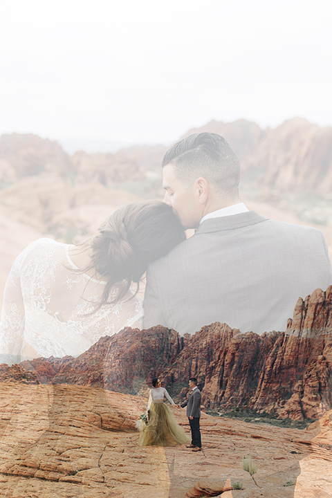 Utah-snow-canyon-shoot-double-exposure-photo-of-bride-and-groom-the-bride-is-wearing-an-olive-green-tulle-skirt-and-an-ivory-lace-crop-top-with-long-sleeves-the-groom-in-a-café-brown-suit-with-blue-navy-pants-and-vest-with-a-gold-velvet-bow-tie