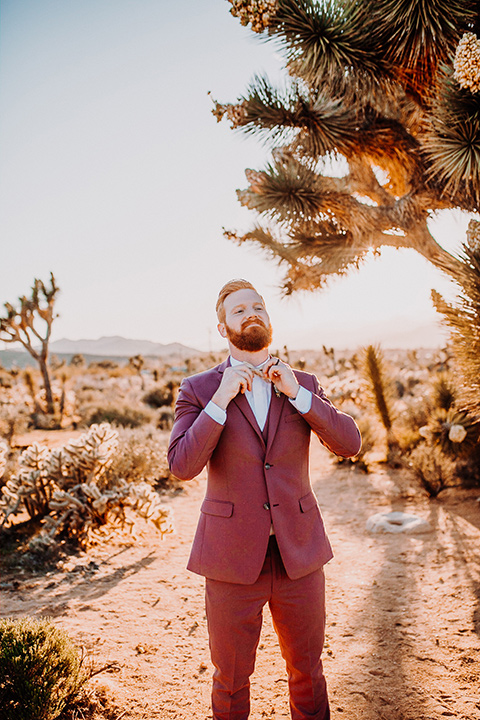  groom in a rose pink suit with a bow tie 