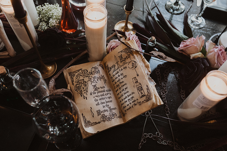  old book décor on reception table