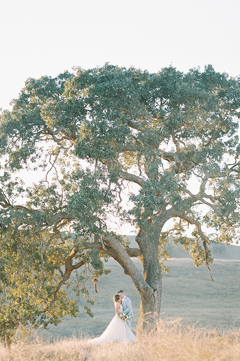  bride in a blush tulle ballgown with thin straps and hair up in a loose bun and the groom in a light grey suit with a white tie under the tree