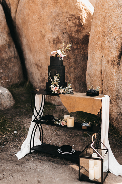  bride in a black gown and the groom in a café brown suit 