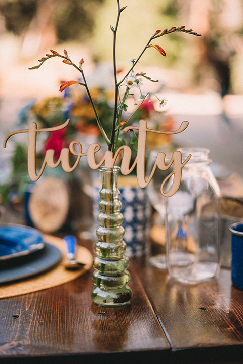  camp wrightwood wedding with the groom in a green suit and floral tie and the bride in a ballgown with lace sleeves 