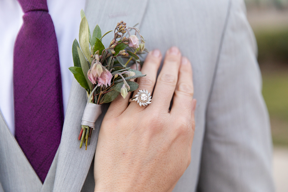  San Diego wedding with purple and grey touches and the groom in a light grey suit 