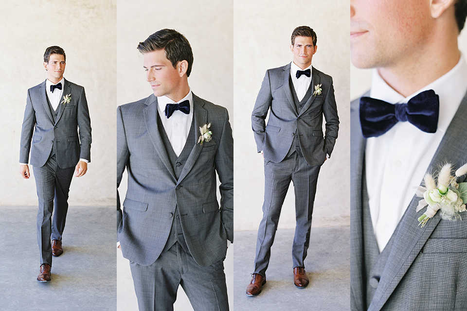  wedding at sunstone winery with romantic details and the groom in a café brown suit and the bride in a flowing ballgown with billowing sleeves 