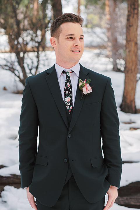  big bear elopement in the snow with the bride is a lace gown and the groom in a green suit – groom in suit 